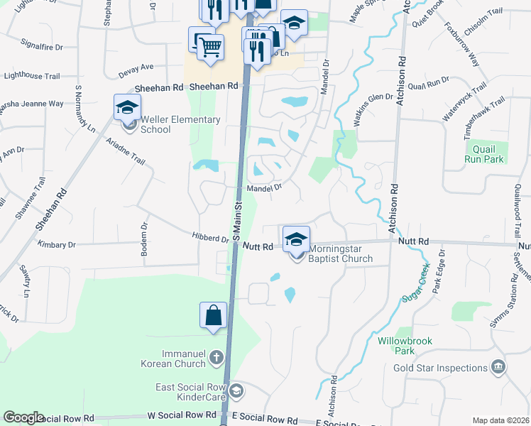 map of restaurants, bars, coffee shops, grocery stores, and more near 357 Grassy Creek Way in Dayton