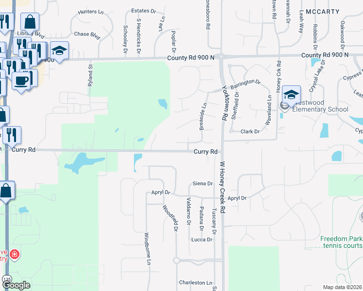 map of restaurants, bars, coffee shops, grocery stores, and more near 1259 Elm Grove Lane in Greenwood