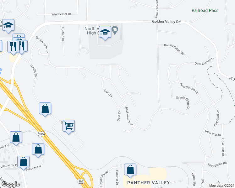 map of restaurants, bars, coffee shops, grocery stores, and more near 663 Beckwourth Drive in Reno