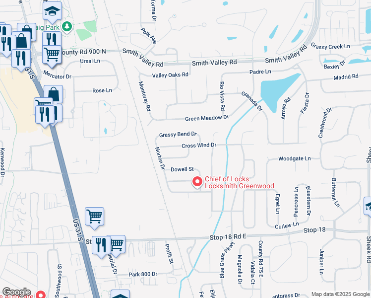 map of restaurants, bars, coffee shops, grocery stores, and more near 651 Cross Wind Drive in Greenwood