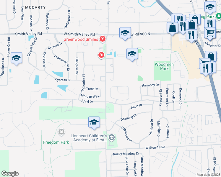 map of restaurants, bars, coffee shops, grocery stores, and more near 1302 Cottage Lane in Greenwood