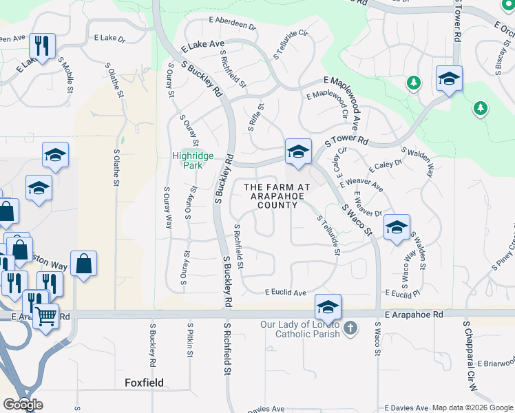 map of restaurants, bars, coffee shops, grocery stores, and more near 17391 East Weaver Avenue in Aurora
