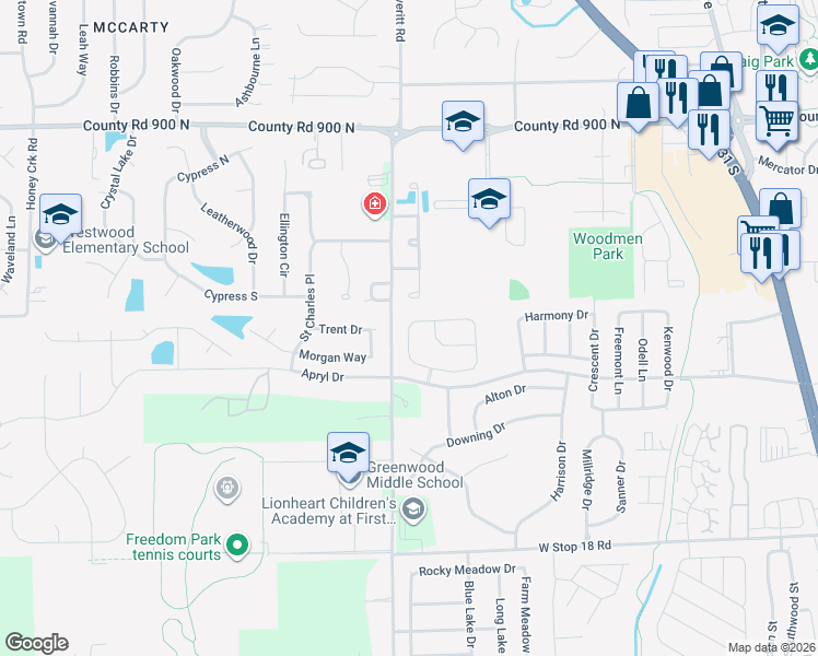 map of restaurants, bars, coffee shops, grocery stores, and more near 1302 Cottage Lane in Greenwood