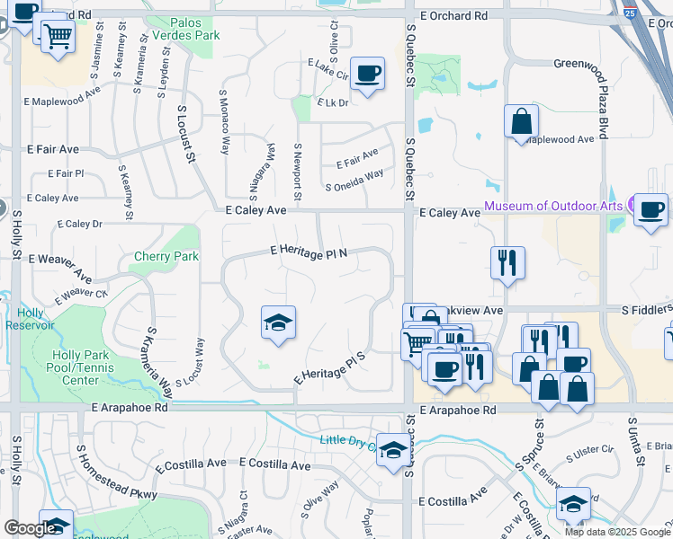 map of restaurants, bars, coffee shops, grocery stores, and more near 6469 South Pontiac Court in Centennial