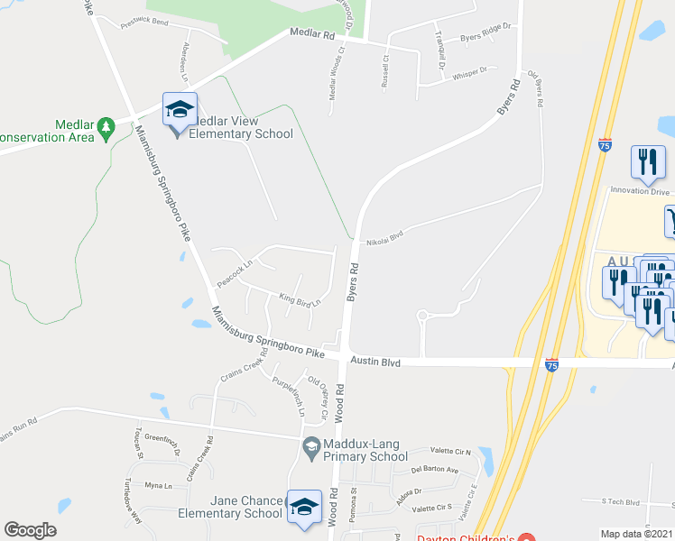 map of restaurants, bars, coffee shops, grocery stores, and more near 4108 King Bird Lane in Miamisburg