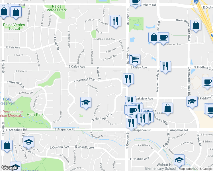 map of restaurants, bars, coffee shops, grocery stores, and more near 6469 South Pontiac Court in Centennial