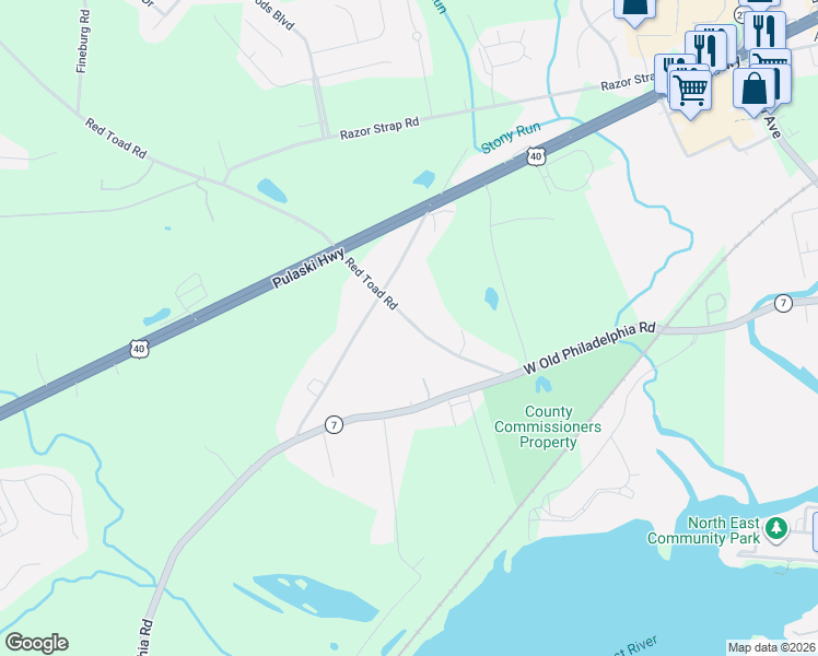 map of restaurants, bars, coffee shops, grocery stores, and more near 99 Red Toad Road in North East