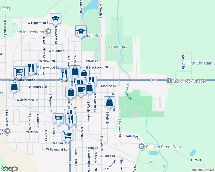 map of restaurants, bars, coffee shops, grocery stores, and more near 2 North Polk Street in Sullivan