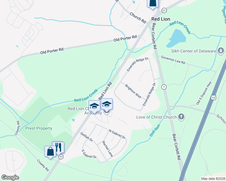 map of restaurants, bars, coffee shops, grocery stores, and more near 63 Emerald Ridge Drive in Bear