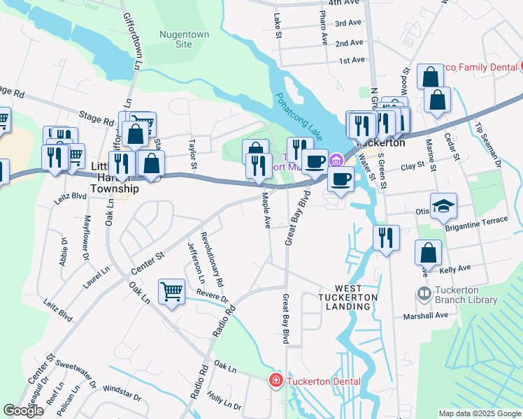 map of restaurants, bars, coffee shops, grocery stores, and more near 146 Maple Avenue in Tuckerton