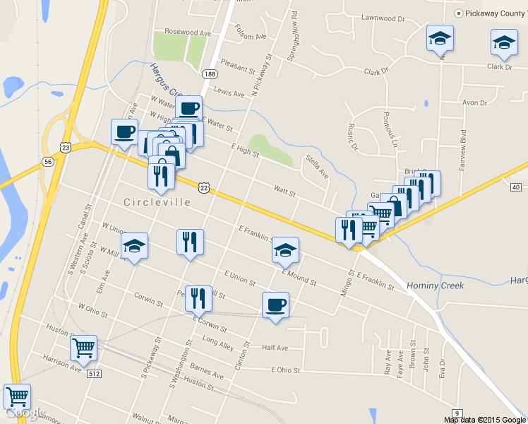 map of restaurants, bars, coffee shops, grocery stores, and more near 333 East Main Street in Circleville