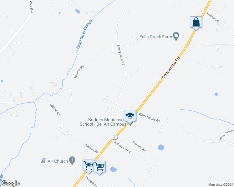 map of restaurants, bars, coffee shops, grocery stores, and more near 2606 Sandy Hook Road in Forest Hill