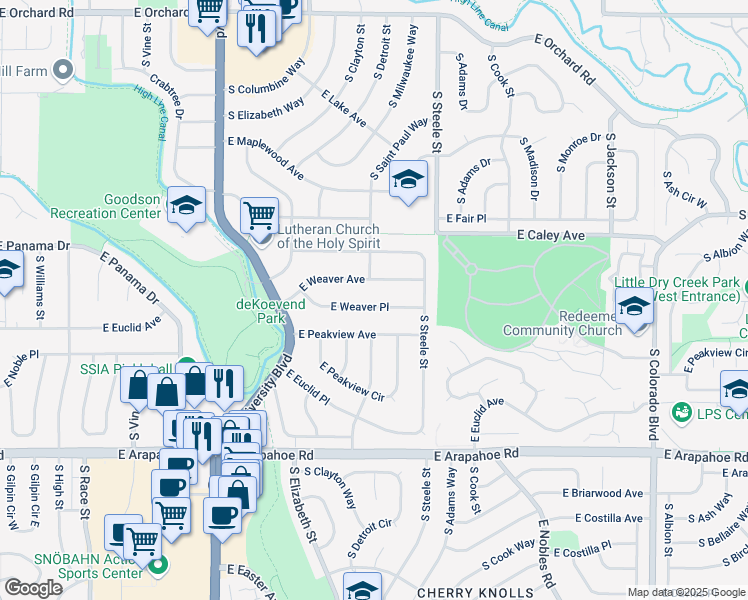 map of restaurants, bars, coffee shops, grocery stores, and more near 3103 East Weaver Place in Centennial