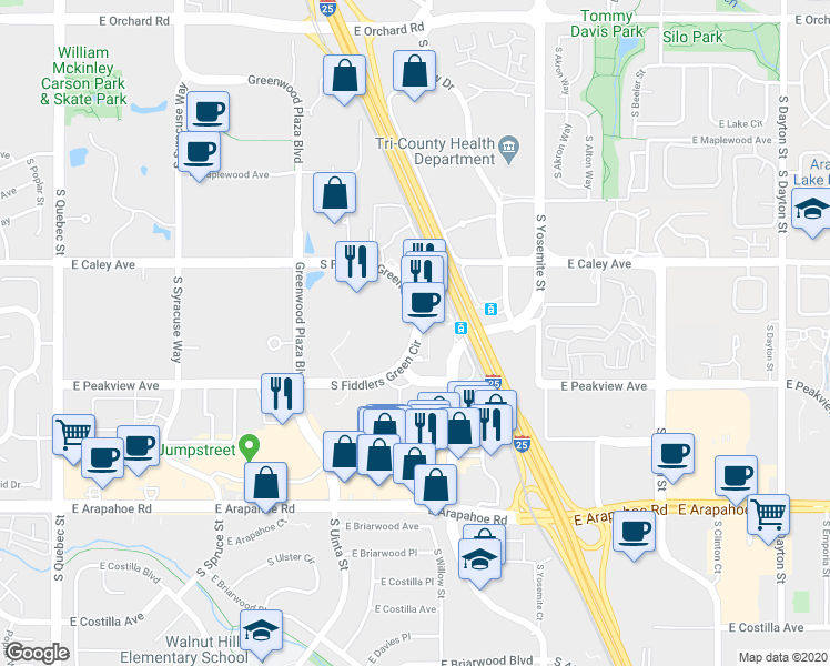 map of restaurants, bars, coffee shops, grocery stores, and more near South Fiddlers Green Circle in Arapahoe County