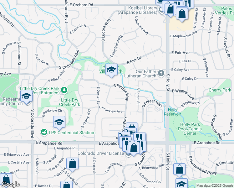 map of restaurants, bars, coffee shops, grocery stores, and more near 5054 East Weaver Place in Centennial