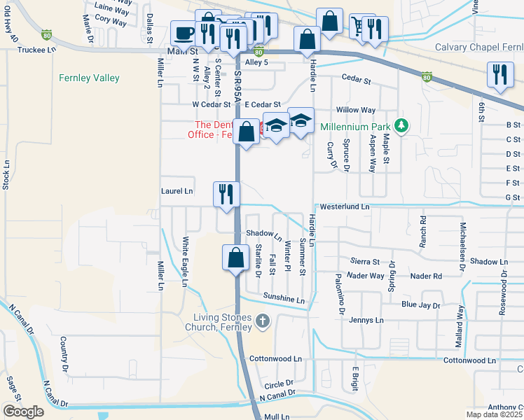 map of restaurants, bars, coffee shops, grocery stores, and more near 55 Cloud Drive in Fernley