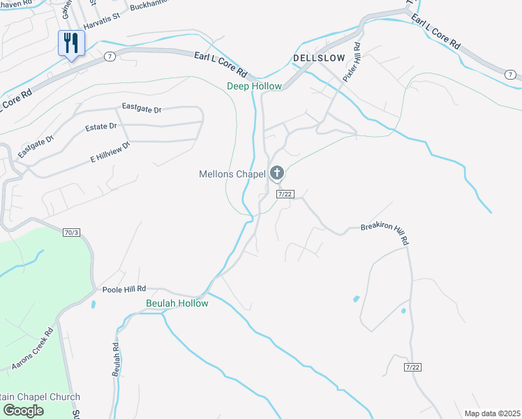 map of restaurants, bars, coffee shops, grocery stores, and more near Deckers Creek Trail in Morgantown