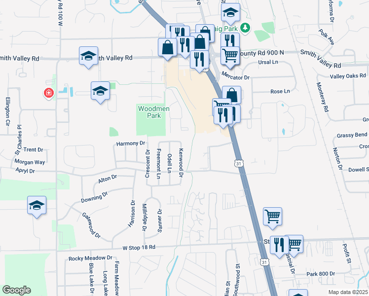 map of restaurants, bars, coffee shops, grocery stores, and more near 1181 Kenwood Drive in Greenwood