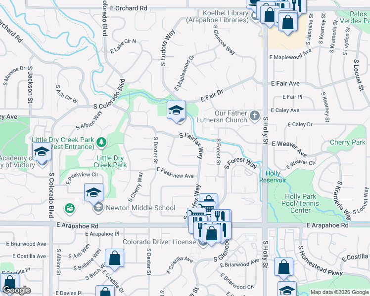 map of restaurants, bars, coffee shops, grocery stores, and more near 5054 East Weaver Place in Centennial