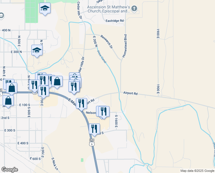 map of restaurants, bars, coffee shops, grocery stores, and more near 1433 Airport Road in Price