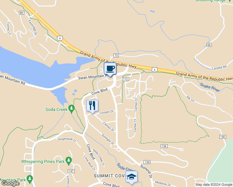 map of restaurants, bars, coffee shops, grocery stores, and more near 78 Summit Drive in Dillon