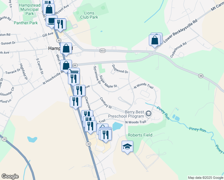 map of restaurants, bars, coffee shops, grocery stores, and more near 4350 Sycamore Drive in Hampstead