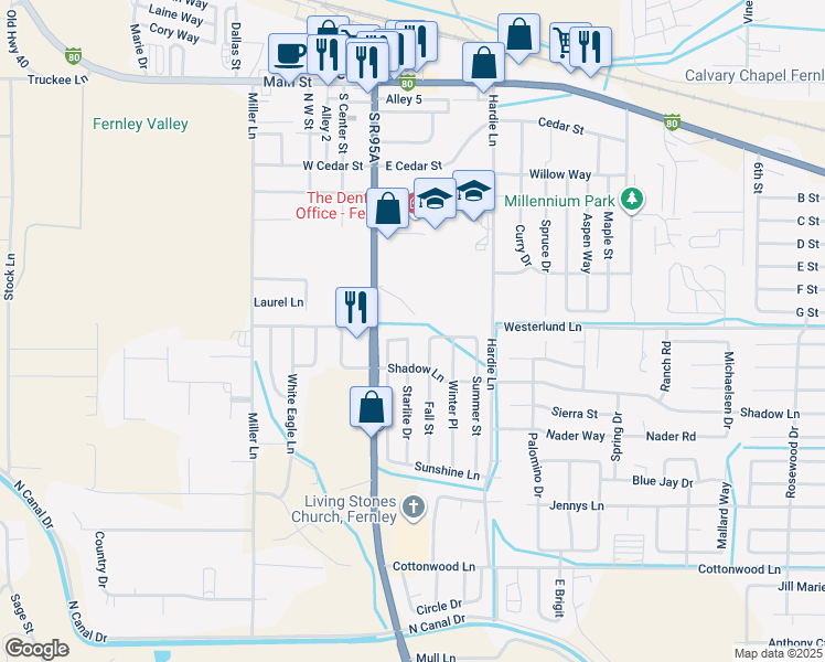 map of restaurants, bars, coffee shops, grocery stores, and more near 80 Cloud Drive in Fernley