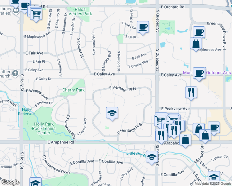 map of restaurants, bars, coffee shops, grocery stores, and more near 6429 South Newport Court in Centennial
