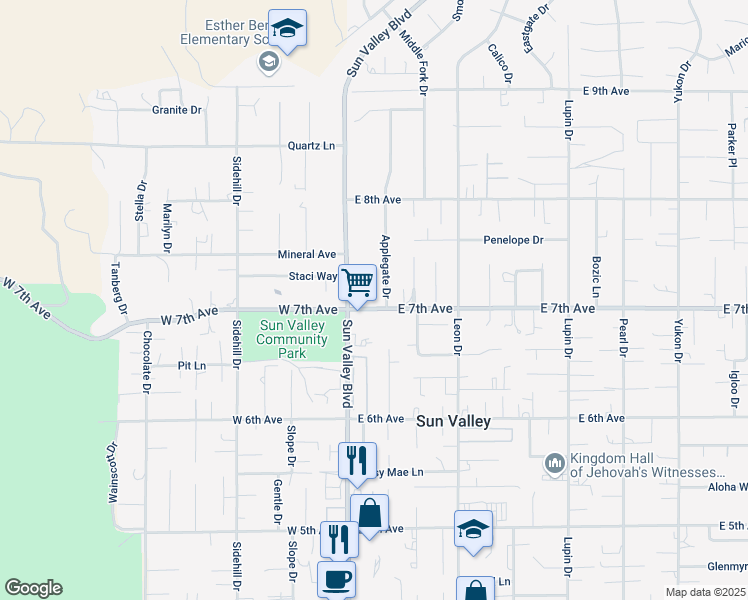 map of restaurants, bars, coffee shops, grocery stores, and more near 125 East 7th Avenue in Sun Valley