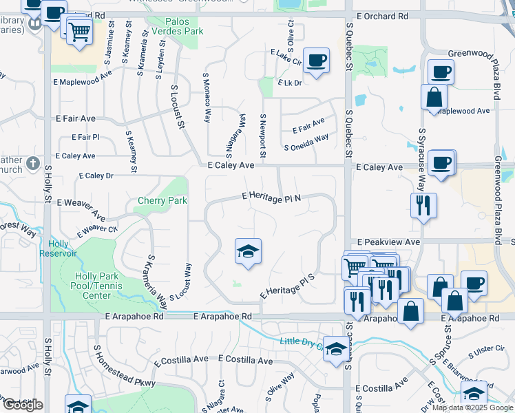map of restaurants, bars, coffee shops, grocery stores, and more near 6429 South Newport Court in Centennial