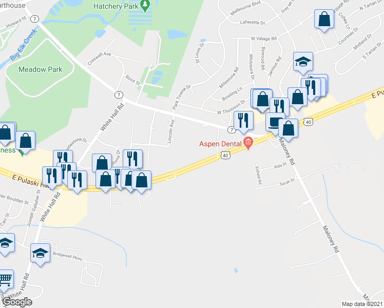 map of restaurants, bars, coffee shops, grocery stores, and more near 611 East Pulaski Highway in Elkton