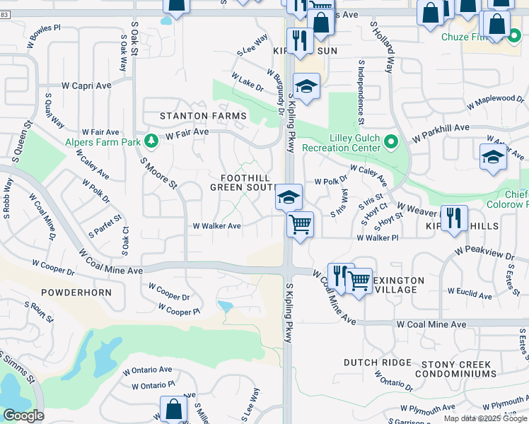 map of restaurants, bars, coffee shops, grocery stores, and more near 6452 South Kipling Court in Littleton