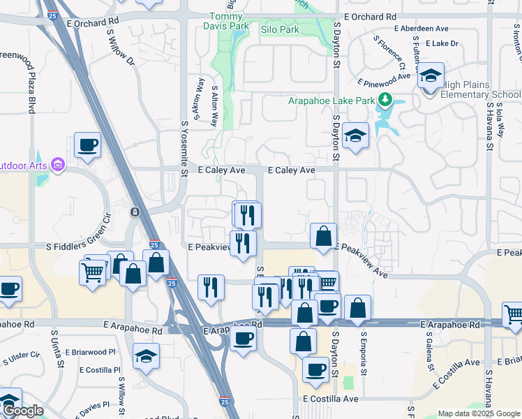 map of restaurants, bars, coffee shops, grocery stores, and more near 11668 South Boston Street in Englewood
