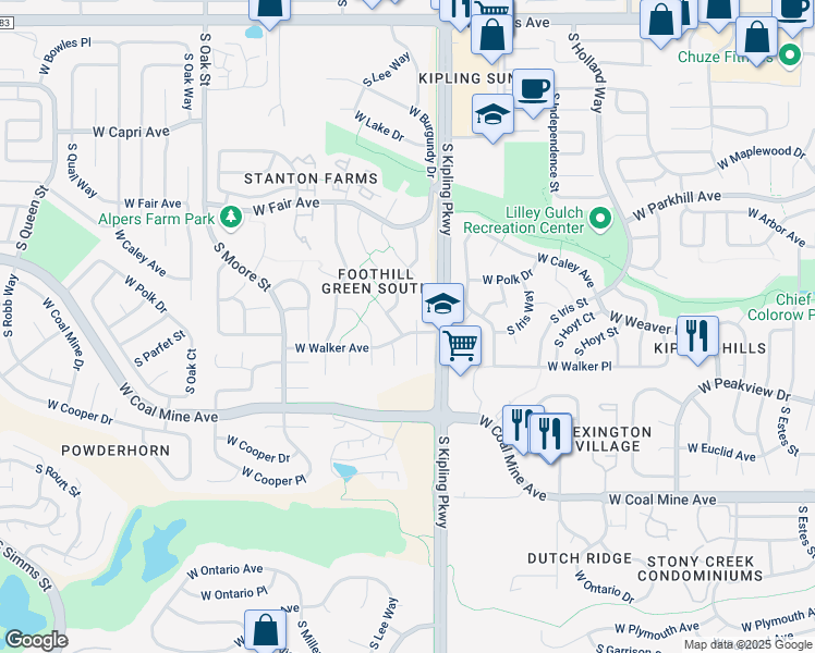 map of restaurants, bars, coffee shops, grocery stores, and more near 6452 South Kipling Court in Littleton
