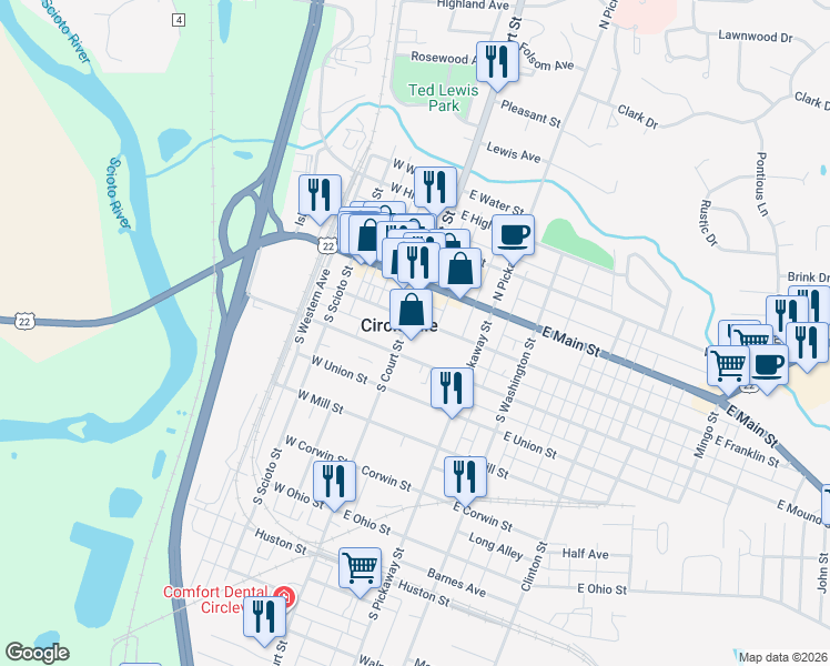 map of restaurants, bars, coffee shops, grocery stores, and more near in Circleville