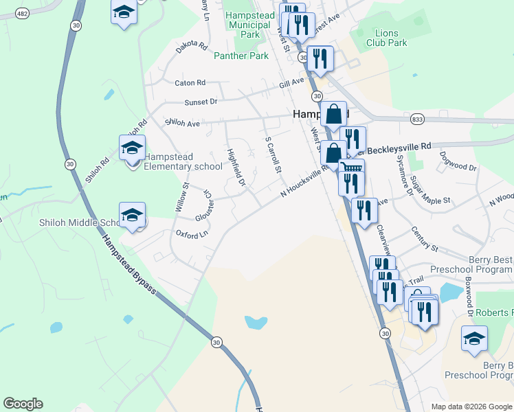 map of restaurants, bars, coffee shops, grocery stores, and more near 920 North Houcksville Road in Hampstead