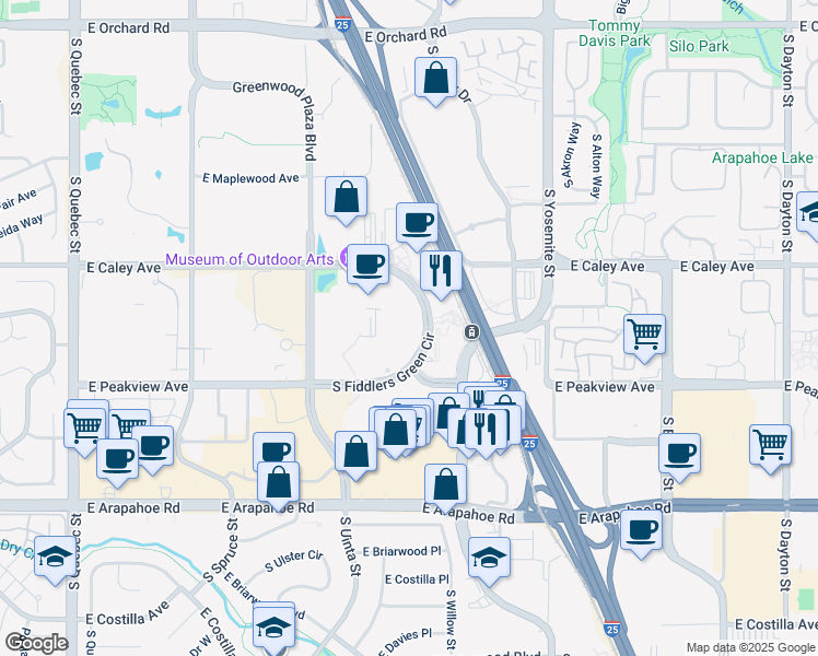 map of restaurants, bars, coffee shops, grocery stores, and more near 6399 South Fiddlers Green Circle in Greenwood Village