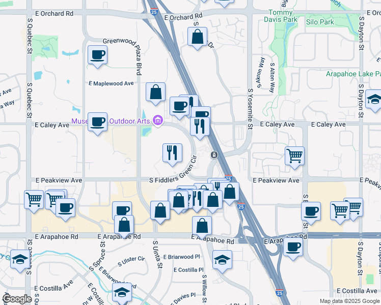 map of restaurants, bars, coffee shops, grocery stores, and more near 6399 South Fiddlers Green Circle in Greenwood Village