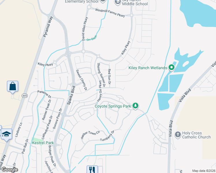 map of restaurants, bars, coffee shops, grocery stores, and more near 1132 Fairway Vista Lane in Sparks