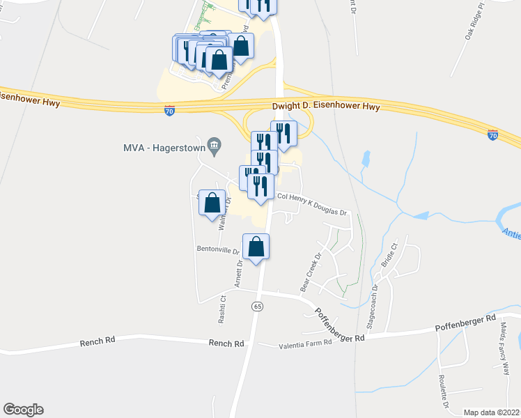 map of restaurants, bars, coffee shops, grocery stores, and more near 10422 Sharpsburg Pike in Hagerstown