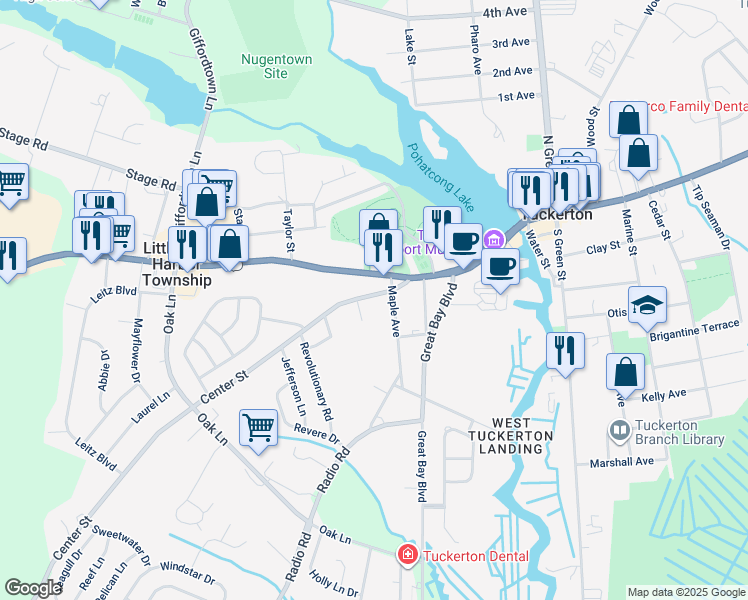 map of restaurants, bars, coffee shops, grocery stores, and more near 216 Center Street in Tuckerton