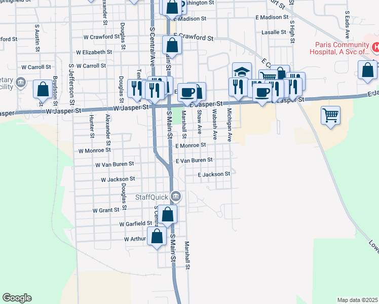 map of restaurants, bars, coffee shops, grocery stores, and more near 201-251 East Van Buren Street in Paris