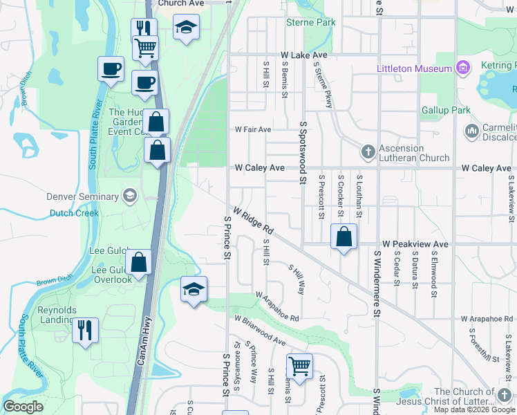 map of restaurants, bars, coffee shops, grocery stores, and more near 2232 West Ridge Road in Littleton
