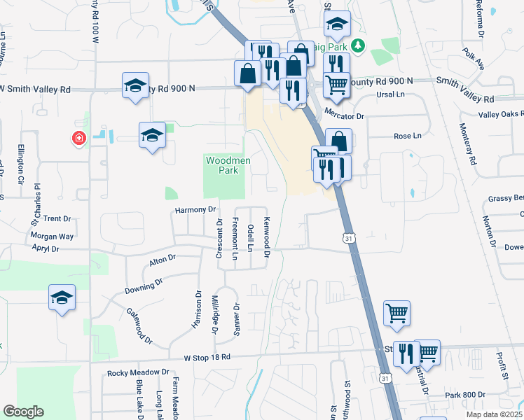 map of restaurants, bars, coffee shops, grocery stores, and more near 1190 Kenwood Drive in Greenwood