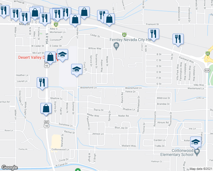 map of restaurants, bars, coffee shops, grocery stores, and more near 625 Concord Circle in Fernley