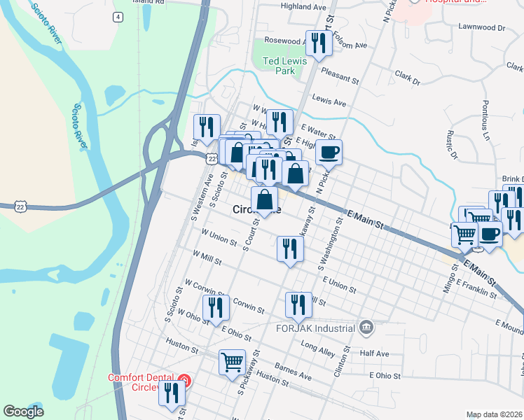map of restaurants, bars, coffee shops, grocery stores, and more near in Circleville