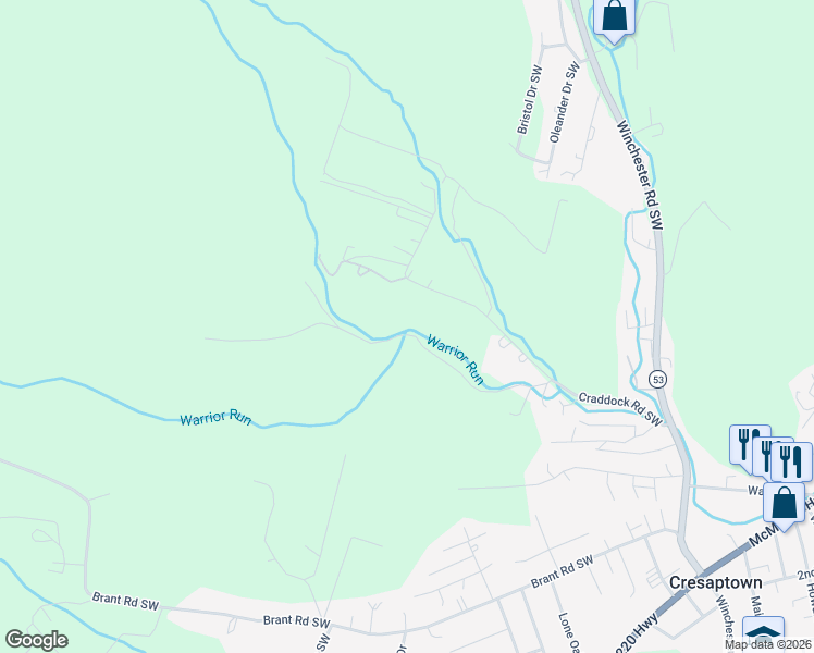 map of restaurants, bars, coffee shops, grocery stores, and more near 13925 Spruce Springs Road Southwest in Cresaptown