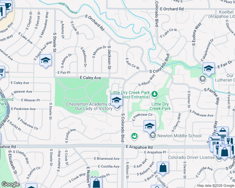 map of restaurants, bars, coffee shops, grocery stores, and more near 6474 South Harrison Court in Centennial