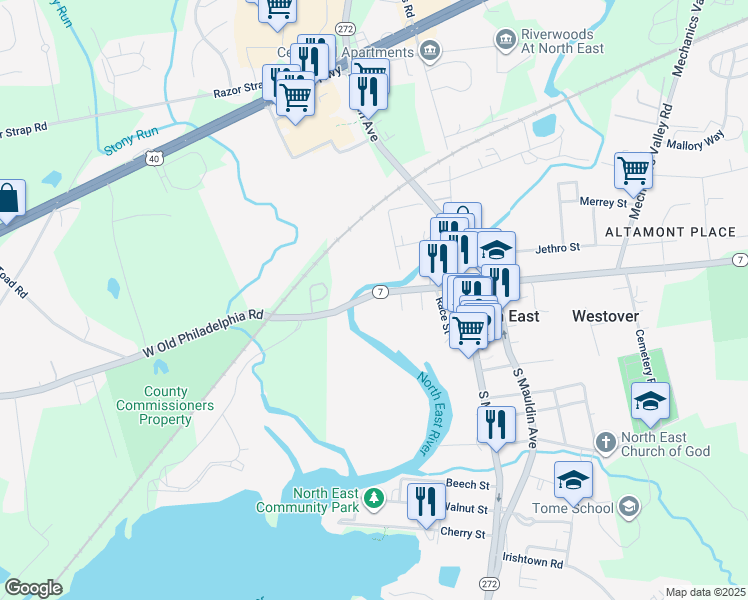 map of restaurants, bars, coffee shops, grocery stores, and more near 224 West Cecil Avenue in North East