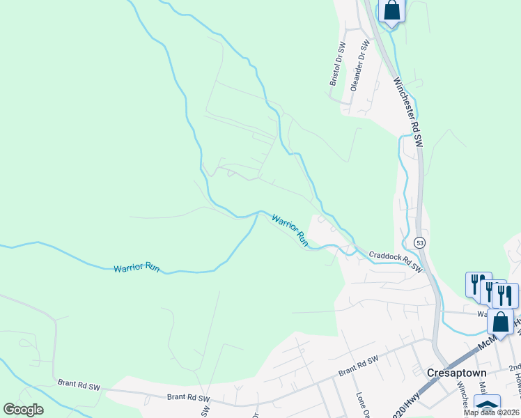 map of restaurants, bars, coffee shops, grocery stores, and more near 13925 Spruce Springs Road Southwest in Cresaptown